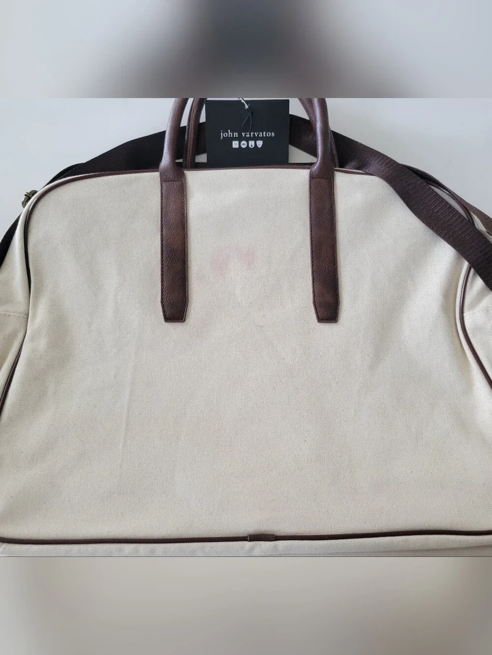 John Varvatos Cream/Brown Canvas Shoulder Strap And Carry Bag 13.5
